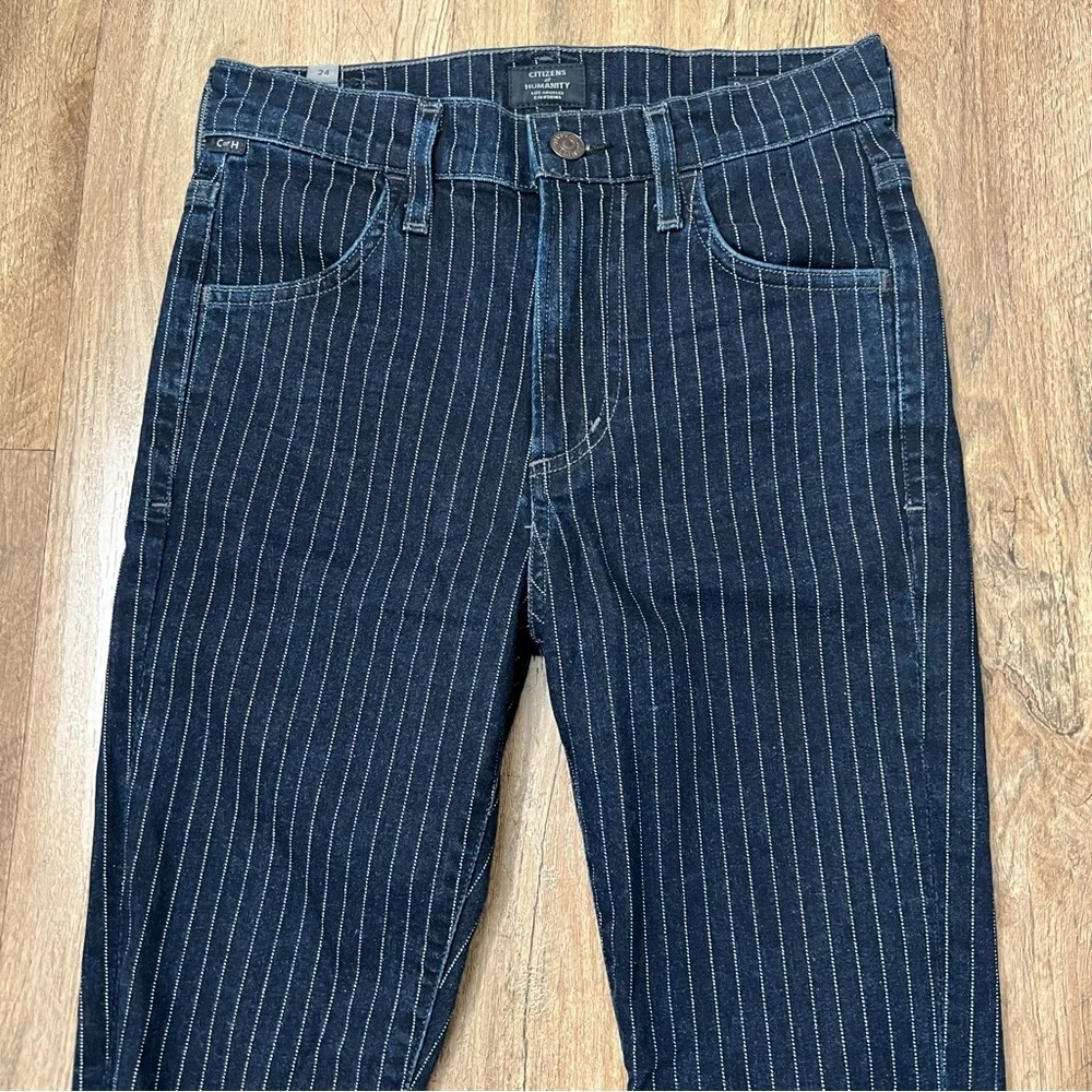 Citizen Of Humanity Drew Flounce High Rise Jeans Blue Pinstripe‎ Flare Size 24